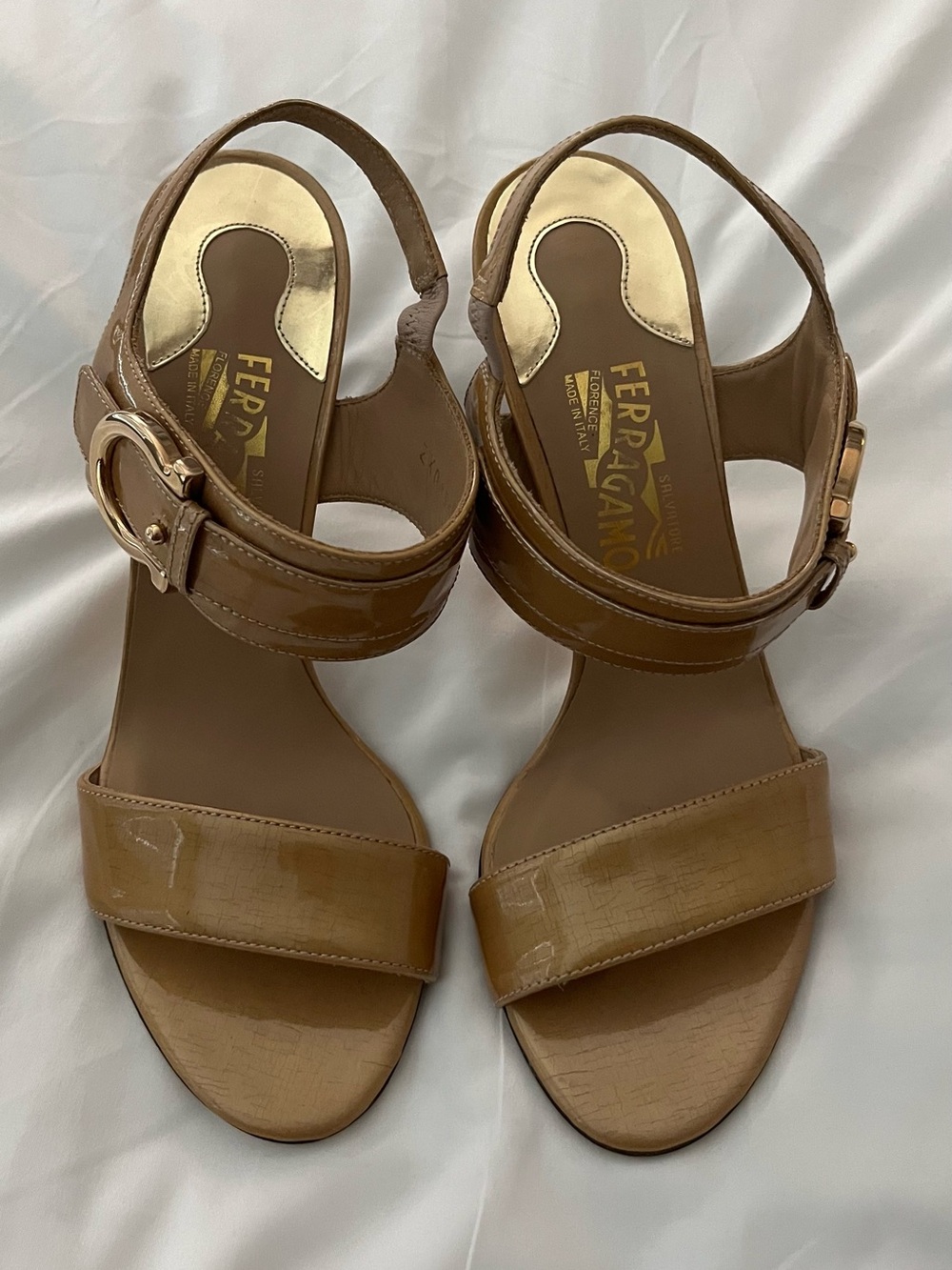 Salvatore Ferragamo Patent Leather High Heel Sandals in Nude/Tan